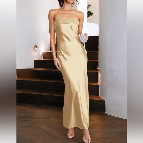 NWT Champagne Satin Strapless Tube Open Back Bodycon Cocktail Maxi Dresses - Picture 2 of 16